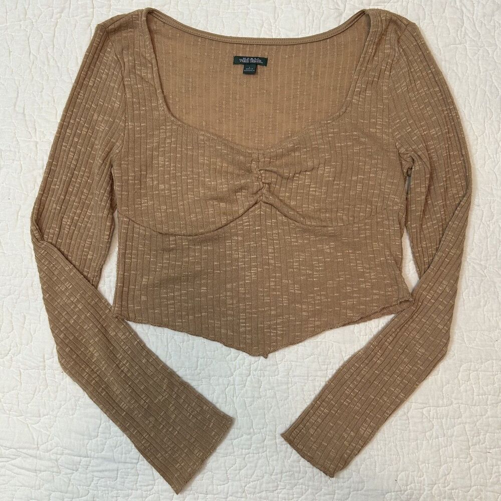 Wild Fable Women’s Tan Solid Knit Square Neck Ruched Cropped Top Slim Fit L